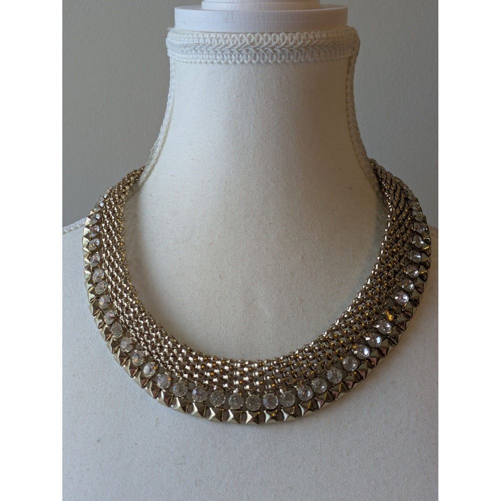 Chunky Gold Tone Necklace Rhinestones Netted Mesh Chain Statement Studded READ